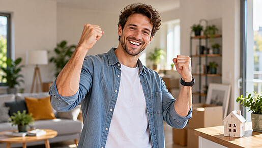 Ein Mann steht in einer Wohnung und jubelt