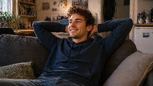 Ein junger Mann sitzt auf einem Sofa