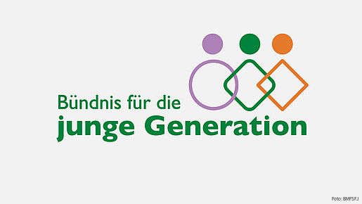 Das Logo des Bündnisses für die junge Generation zeigt neben dem namengebenden Schriftzug einen Kreis in Lila und zwei Rauten in Grün und Orange als stilisierte Figuren, die sich überlappen.