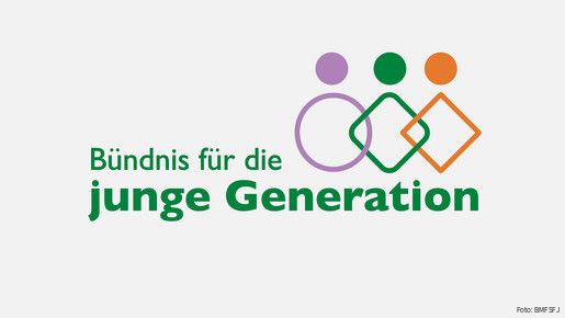 Das Logo des Bündnisses für die junge Generation zeigt neben dem namengebenden Schriftzug einen Kreis in Lila und zwei Rauten in Grün und Orange als stilisierte Figuren, die sich überlappen.