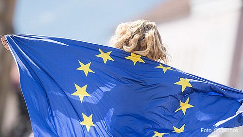 Das Foto zeigt ein Mädchen, das eine EU-Fahne als Umgang nutzt. Die Sterne sind zu erkennen, über dem Rand der Fahne ihre Haare.