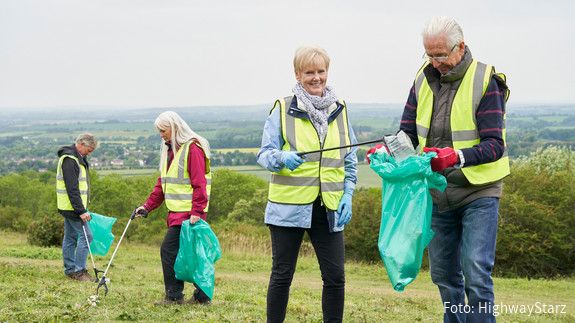 Group Of Helpful Seniors Collecting Litter In Countryside group, senior, seniors, retired, retirement, collecting, litter, rubbish, trash, cleaning up, tidying, garbage, volunteer, volunteering, helping, helpful, community, countryside, nature, responsibility, man, men, woman, women, male, female, portrait, looking at camera, friends, four people, people, person, together, happy, smiling, outdoors, caucasian, 60s, sixties, 80s, eighties, horizontal, full length, front view, environment, good neighbor, good neighbour