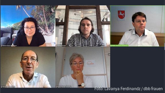 Blick in eine Webkonferenz mit Vertreterinnen aus der Verwaltung norddeutscher Bundesländer und Milanie Kreutz, Vorsitzenden der dbb frauen
