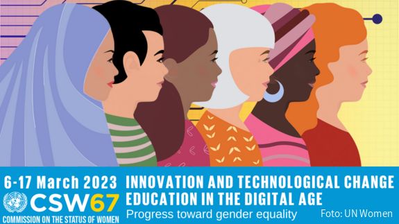 Logo-Banner der UN-Frauenrechtskommission 2023 - ein bunte Grafik mit Frauen aus verschiedenen Kulturkreisen