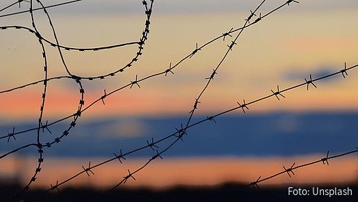Das Foto zeigt Stacheldraht vor einem Abendhimmel. 