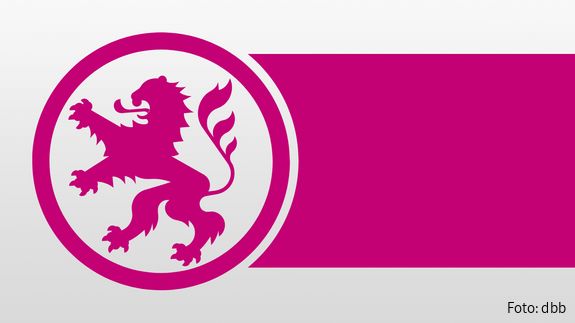 Grafik von einem pinken Streifen auf grauem Grund. Am linken Rand ein Kreis mit einem stilisierten hessischen Löwen.